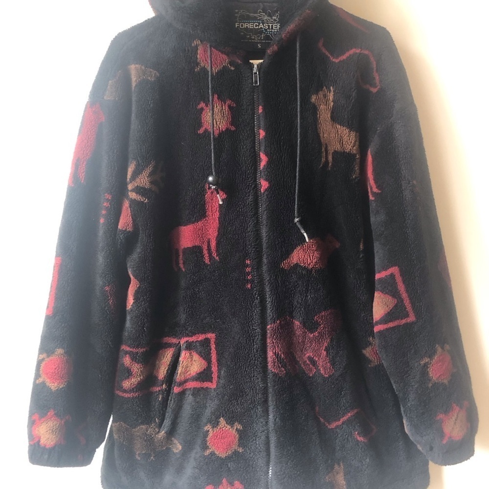 Forecaster thick fleece jacket full zip, pockets folksy woodland animal print.
